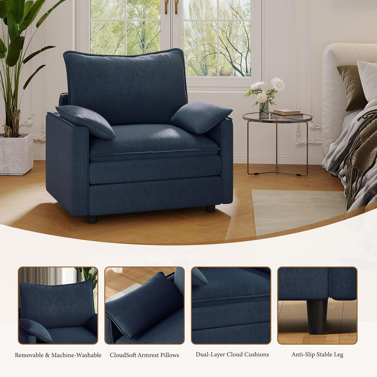 Vesgantti 40" Single Seat Sofa, Comfy Cloud Couch Deep Seat Upholstered Couch Chenille Modern Sofa with Armrest Pillow, Easy Assembly for Living Room, Bedroom and Apartment, Blue