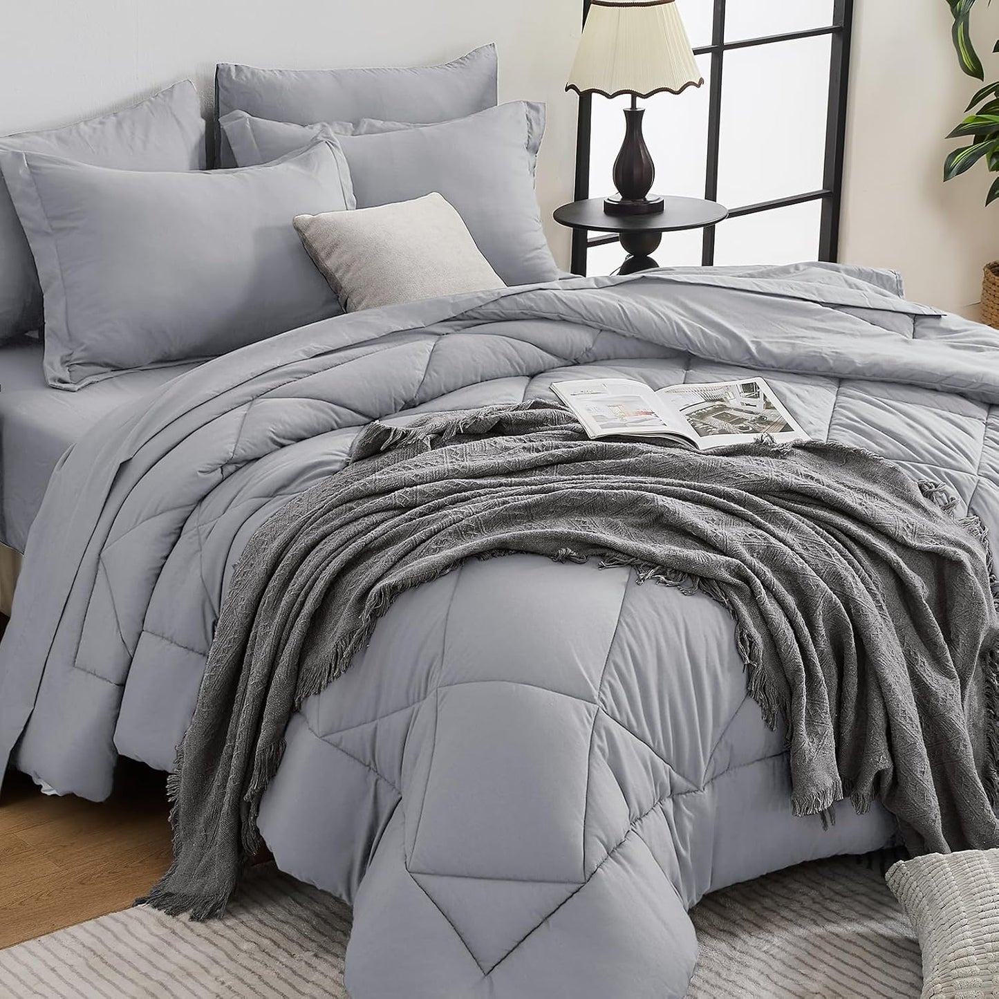 HEVUMYI Light Grey Full Comforter Set - 7-Piece All Season Bed in a Bag Full, Ultra Soft Bedding Set with Comforter, Flat Sheet, Fitted Sheet, Pillowcases, Pillow Shams, Light Gray