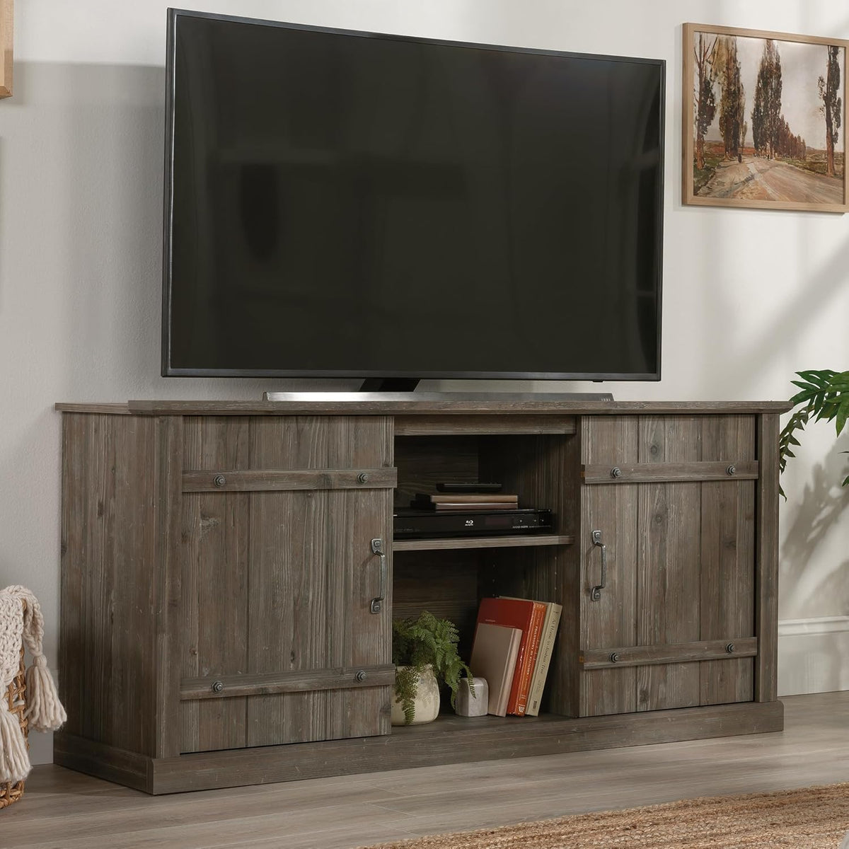 Sauder Entertainment Credenza, Pebble Pine Finish