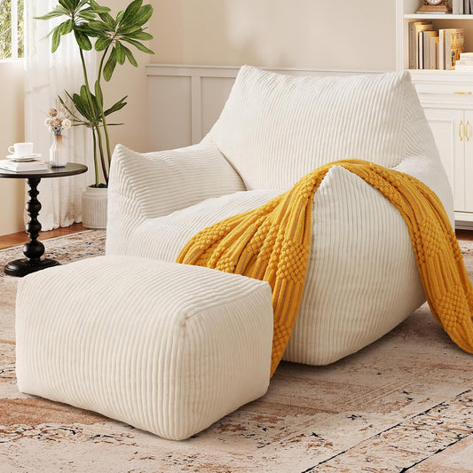 Big Bean Bag Chair for Adults & Kids, Ultra Soft Living Room Bean Bag with Armrests & Ottoman, Stuffed BeanBag Floor Sofa for Napping, Gaming, Lounging, Beige