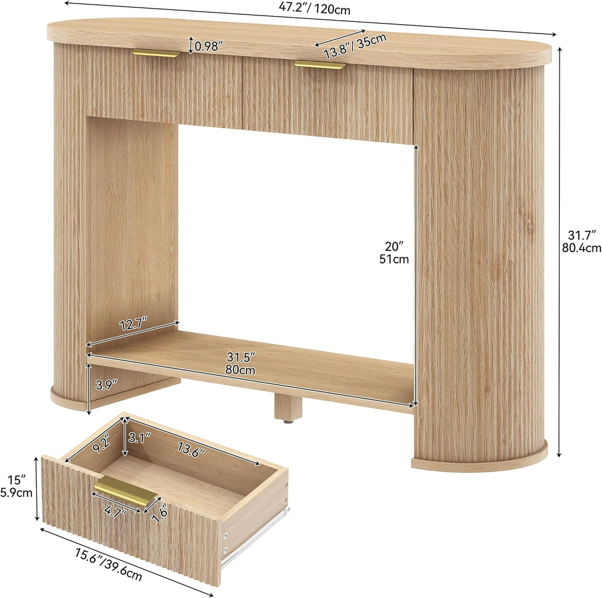 YITAHOME 47.2" Farmhouse Console Table for Entryway, Entry Hallway Foyer Table with 2 Drawers and Storage Shelf, Large Sofa Behind Couch Fluted Oval Desk for Hallway Living Room, Oak Color