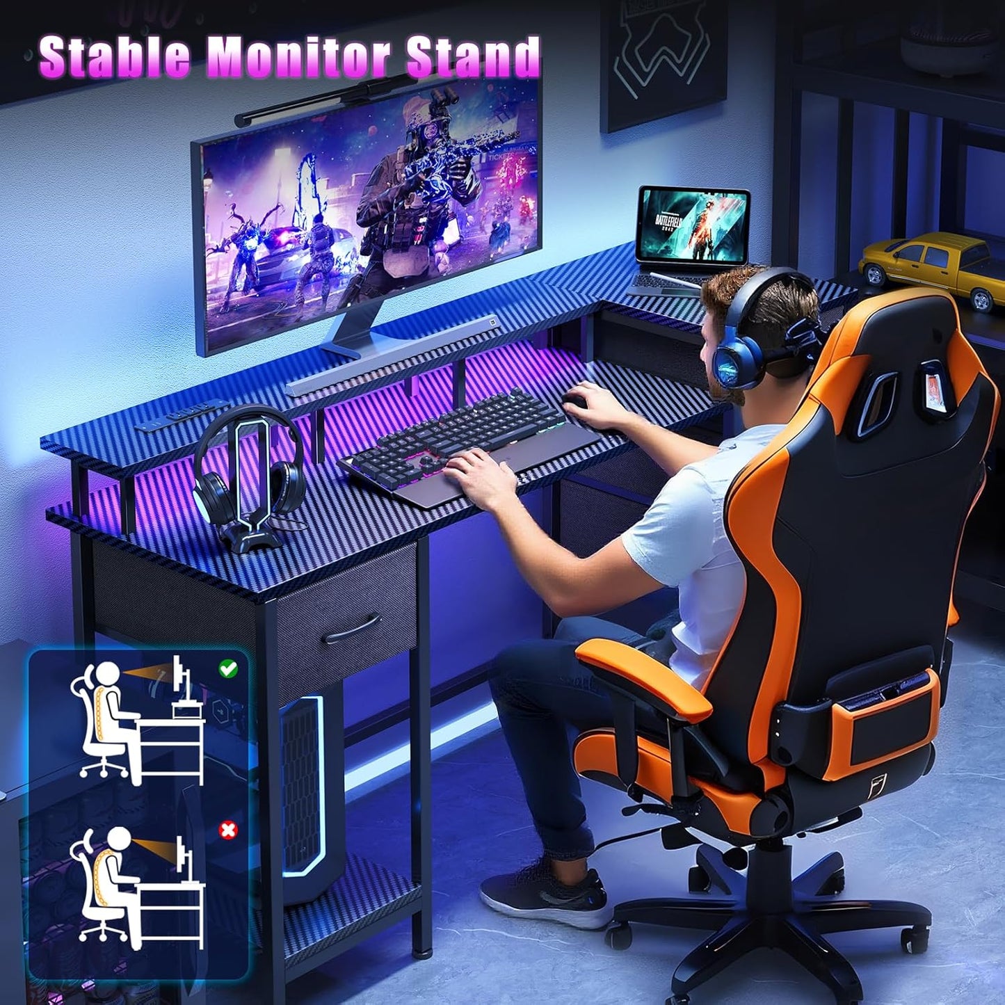 47 Inch Computer Gaming Desk with Power Outlets & LED Lights Reversible Home Office Desk with Adjustable 5 Fabric Storage Drawers for Working Writing Study, Carbon Fiber Black