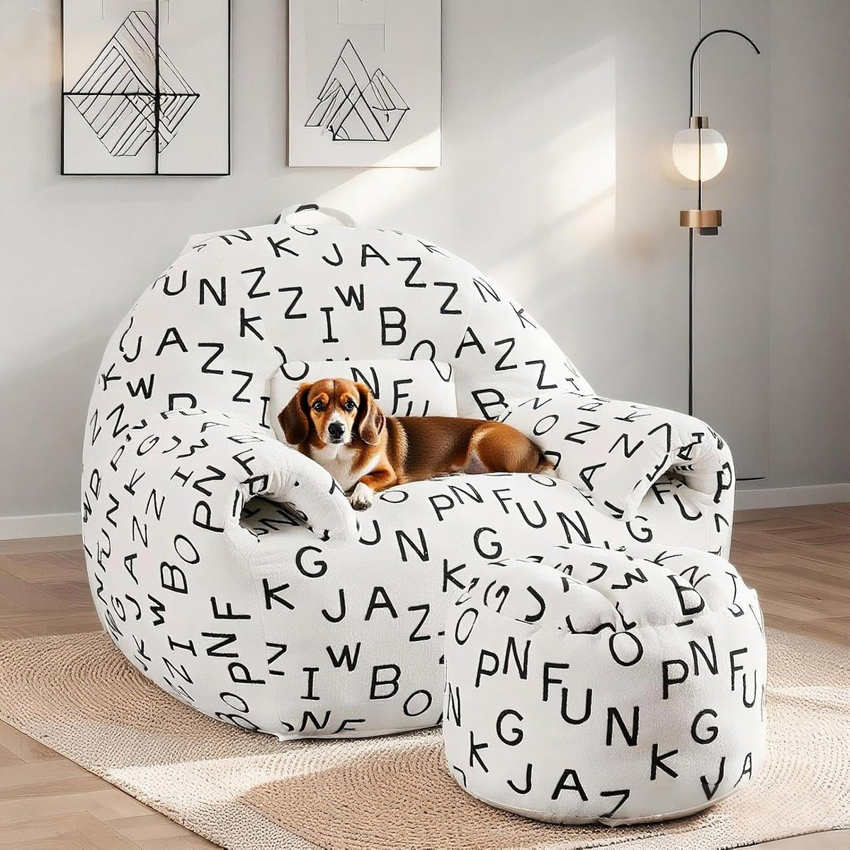 DAICO Bean Bag Chairs for Adults Comfy Accent Chair with Ottoman Floor Sofa Beanbag Couch with Armrests White Single Lazy Sofas with Foam for Living Room Reading Bedroom Gaming (Letter Pattern)