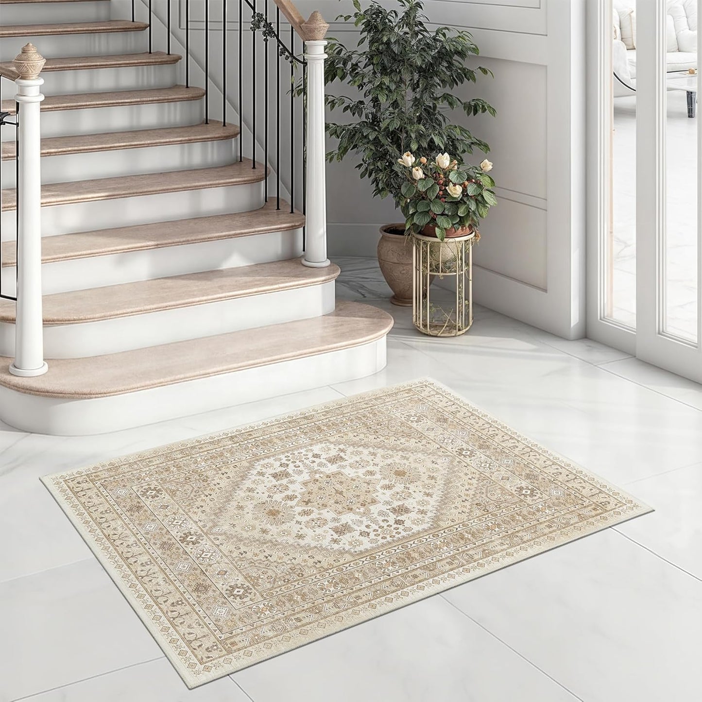 zesthome 2x3 Entryway Rug, Soft Washable Rugs, Non Slip Area Rug, Stain Resistant Low Pile Rugs for Bedroom, Vintage Rug for Door Mat, Kitchen (Cream/Beige,2'x3')