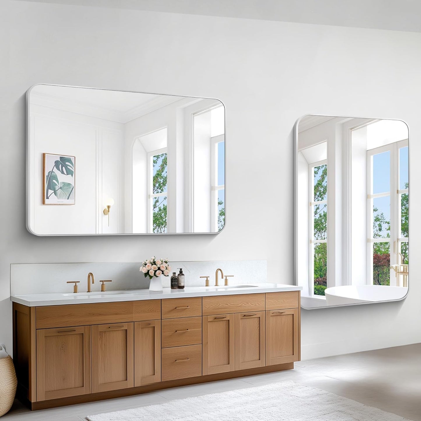 BONEWEI Silver Bathroom Mirror,55x36 inch Wall Mirror for Bathroom Wall Mounted,Rectangle Mirror for Bathroom Over Sink,Modern Frame Round Corner for Living Room,Bedroom Entryway,Horizontal/Vertical