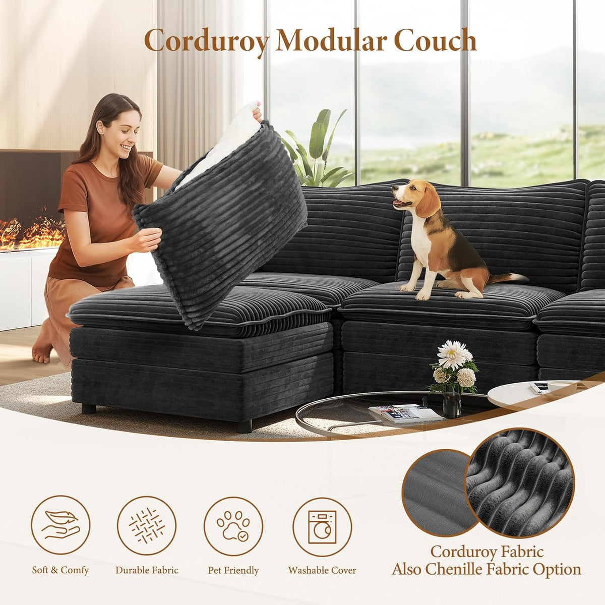 Vesgantti 108" U Shaped Sectional Couch, Comfy Cloud Modular Sectional Sofa with 2 Ottoman Deep Seat Corduroy Modern Cloud Sofa, Modular Sofas for Living Room, Bedroom and Apartment, Gray