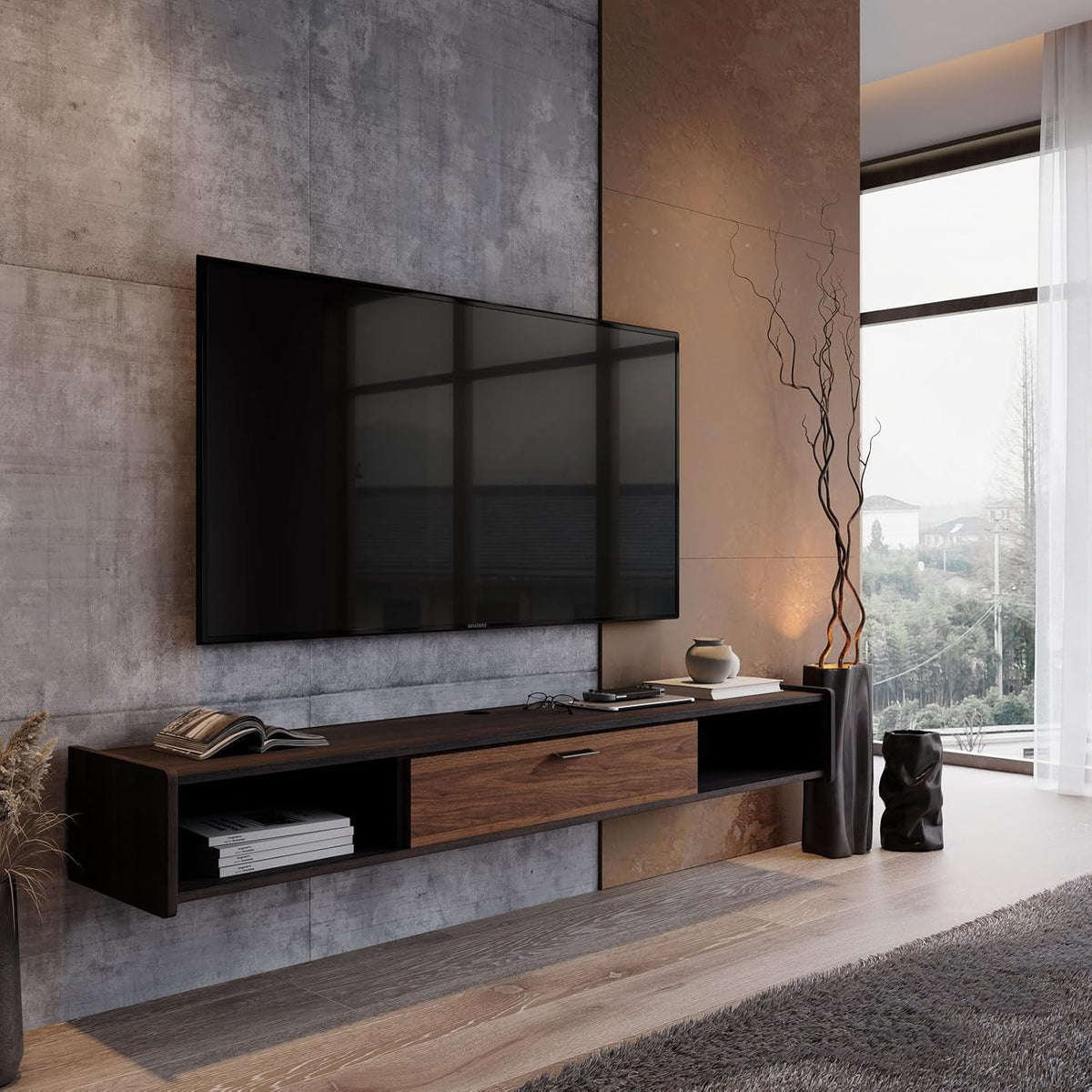 55'' Floating TV Stand,Wall Mounted TV Console,Floating TV Cabinet,Under TV Shelf for Bedroom Living Room(Walnut)