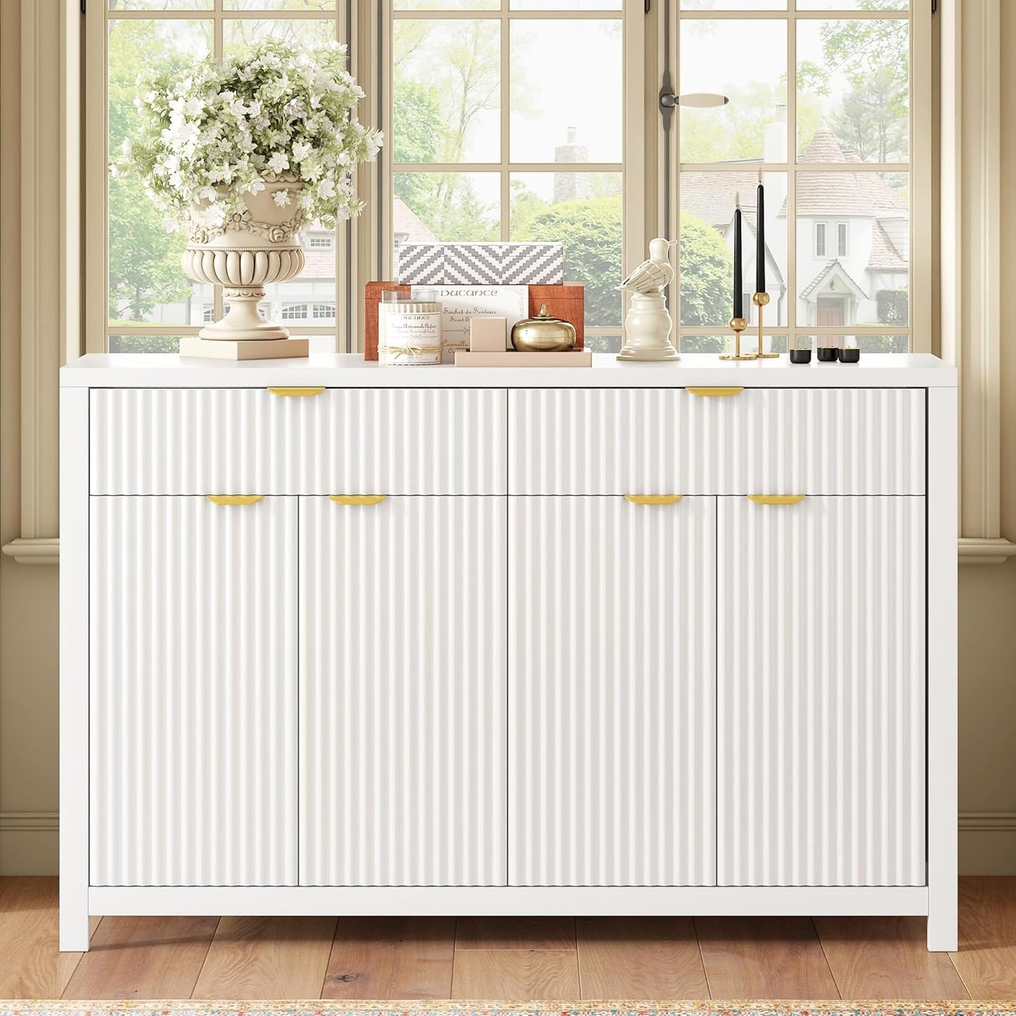 Merax Modern Wave-Pattern Sideboard Cabinet with 2 Drawers and 4 Doors,Buffet Cabinet,Aluminum Arc Handles,Scandinavian Style,Suitable for Entryway, Living Room,Foyer,White