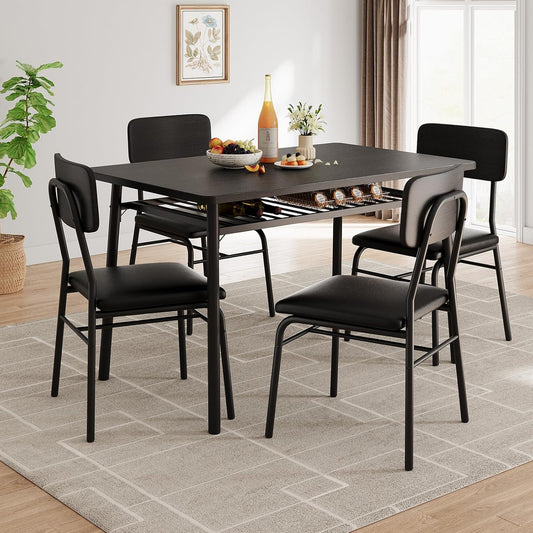 GAOMON 5-Piece Dining Table Set for 4, Wood Kitchen with Built-in Storage Rack,Small Kitchen Table with Upholstered Chairs and Metal Frame for Small Spaces, Black