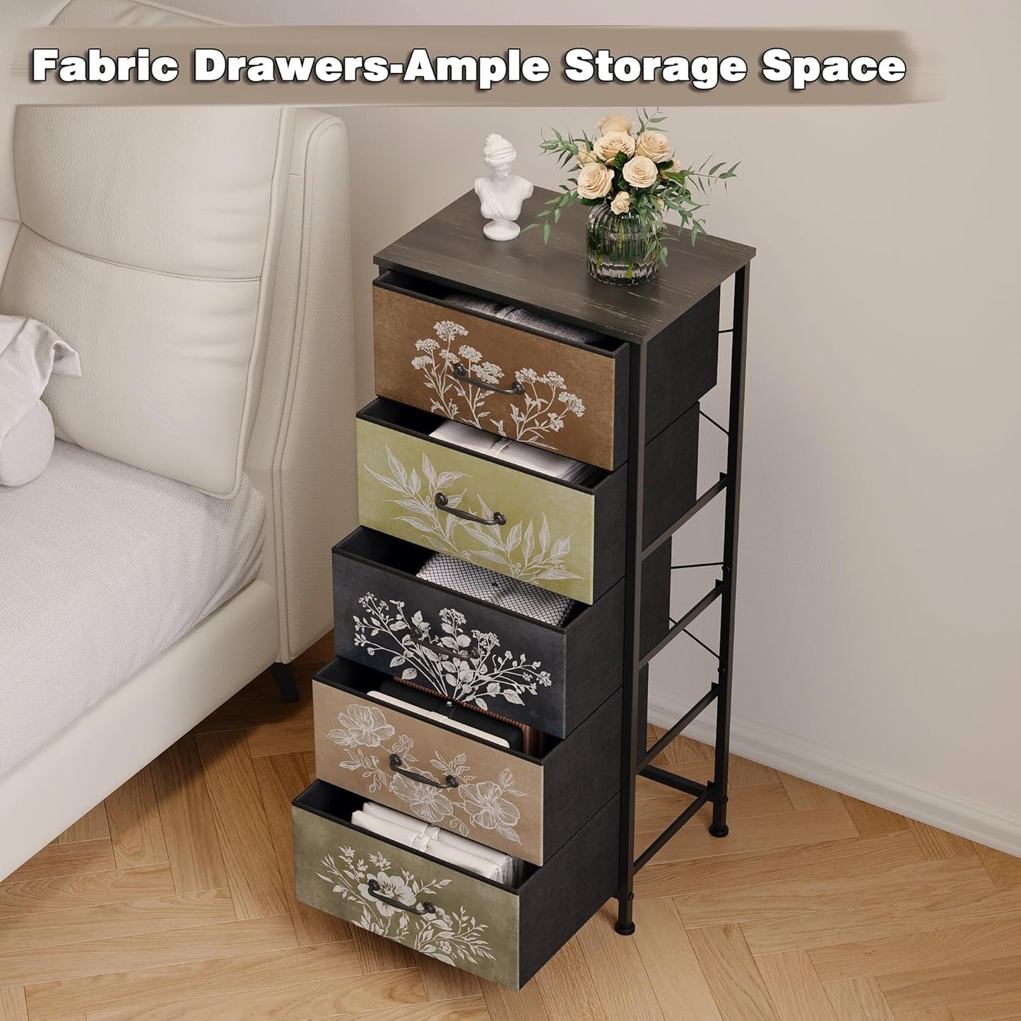 Tohomeor Vintage Dresser Vertical Nightstand with Neutral Botanical Plant Fabric Chest Drawers for Closet Bathroom Storage Tower Unit Bed Side Organizer Farmhouse Rustic (Multi, 5 Drawers)