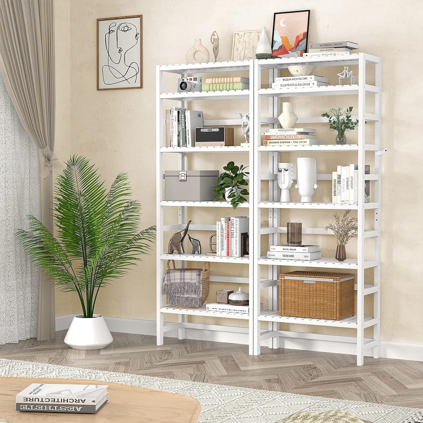 Homykic 6-Tier Bamboo Bookshelves and Bookcases, Adjustable 63.4”Tall Shallow Book Shelf Organizer Rack, Freestanding Storage Shelving Unit for Living Room, Kitchen, Bathroom, Office, White