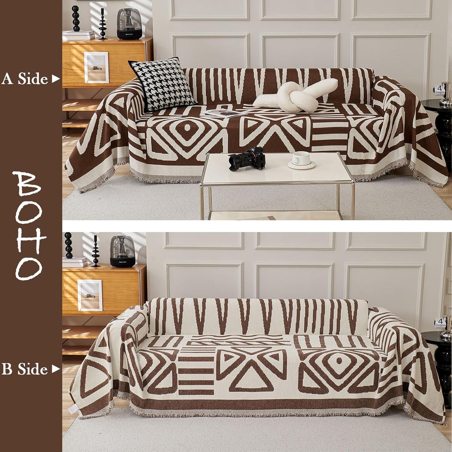 HANDONTIME Chocolate Boho Couch Cover Reversible Sofa Covers for 3 Cushion Couch Washable Couch Sofa Cover for Dogs Dark Couches Covers Chenille Sofa Protector Couch Covers for Sofa, 91" X134"
