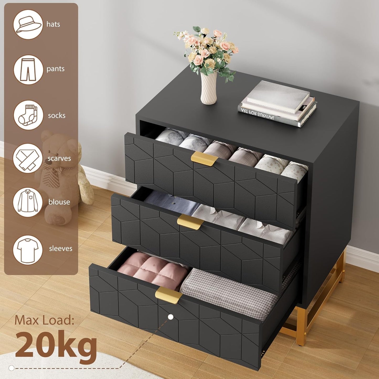 GAOMON 3 Drawer Dresser, Wood Chest Drawers with Storage for Closet, Bedroom, Drawers Dresser Modern Bedside Nightstand with Gold Handles, Black