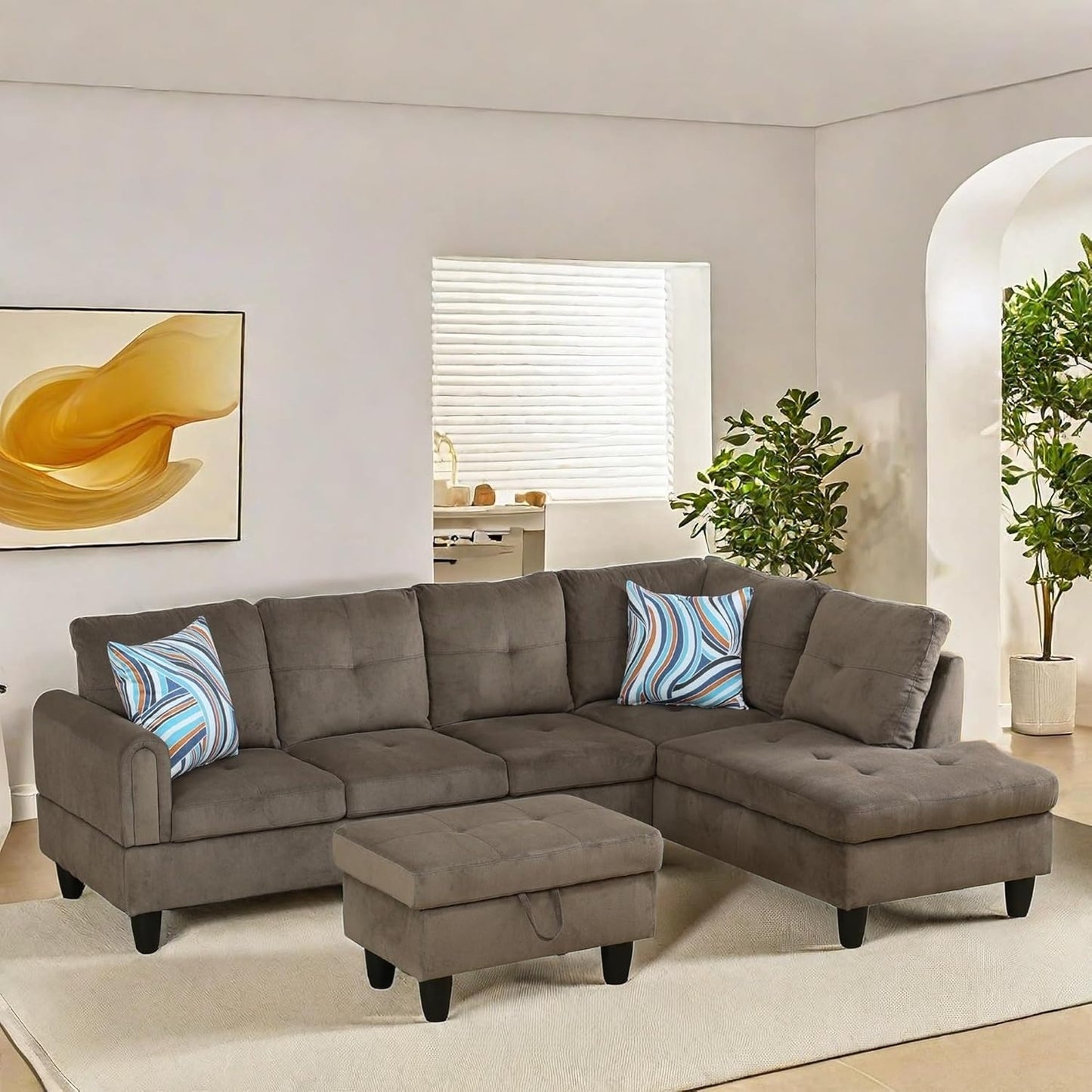 NAYSAYE Sectional Couch with Ottoman Storage, L Shaped Couch Sofa Furniture Sets, Modern Comfy Modular Comfy Sofa for Living Room Bedroom, Office and Apartment, Brown