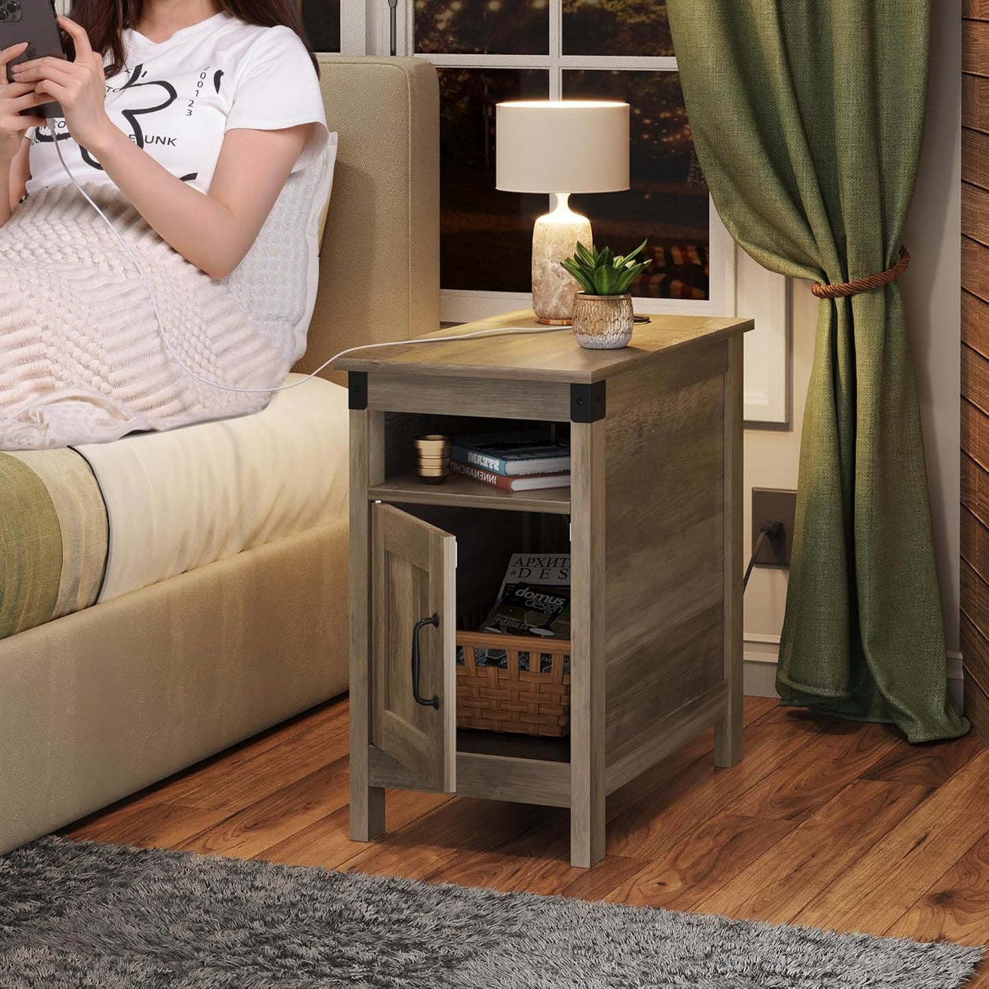 WLIVE Farmhouse End Table Set of 2 with Charging Station, Narrow Side Tables Living Room, Bedroom, Couch with USB Ports and Outlets, Wood Nightstand Sets with Storage, Greige