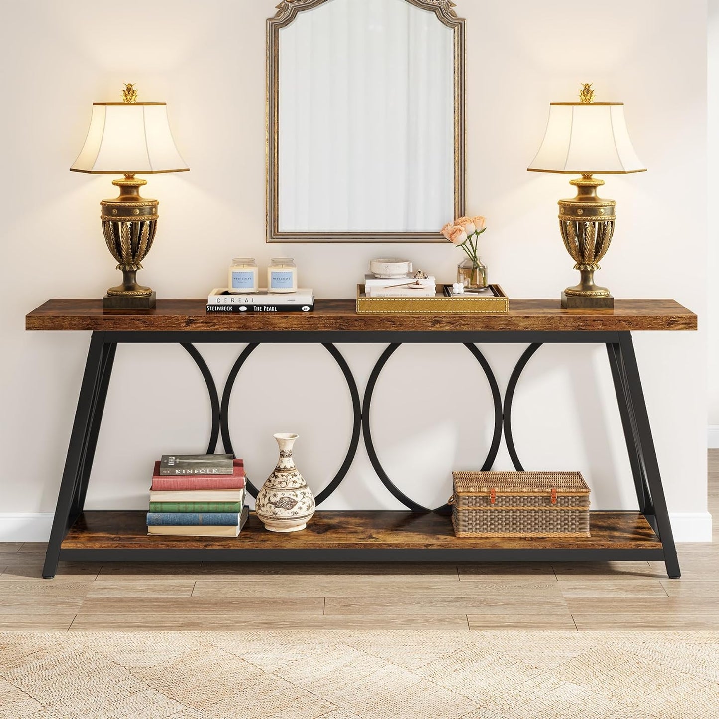 Tribesigns 70.9 inch Extra Long Console Table, Industrial Sofa Table Behind Couch with 2 Tier Storage Shelf, Narrow Entryway Hallway Accent Table for Living Room, Rustic Brown