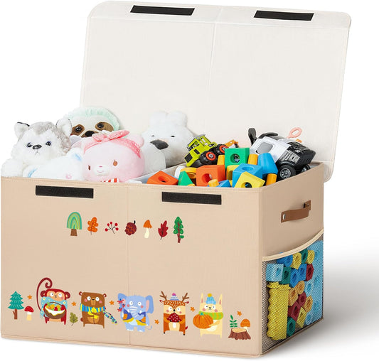 80L Large Toy Storage Box with Lid, Large Toy Box Chest for Kids, Girls and Boys, Nursery Room and Living Room, 26"x13" x16" (Dark Khaki-animal)