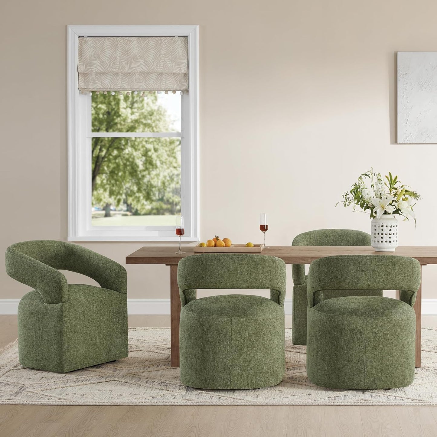 Upholstered Dining Chairs with Casters Easy Assembly Require Modern Barrel Armchair with Rollers for Diningroom Bedroom Livingroom Reading Room,Set of 2,Green