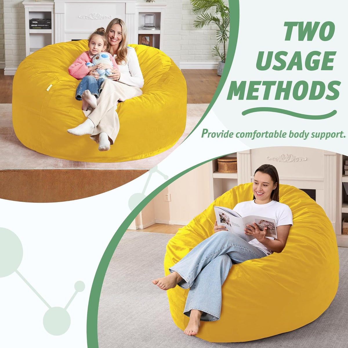 5FT Bean Bag Chair with Ultra Soft Velvet Cover Bean Bag Sofa with Memory Foam Bean Bag Chairs with Large Size Lazy Sofa for Dorm Office Living Room Bedroom Yellow 5'