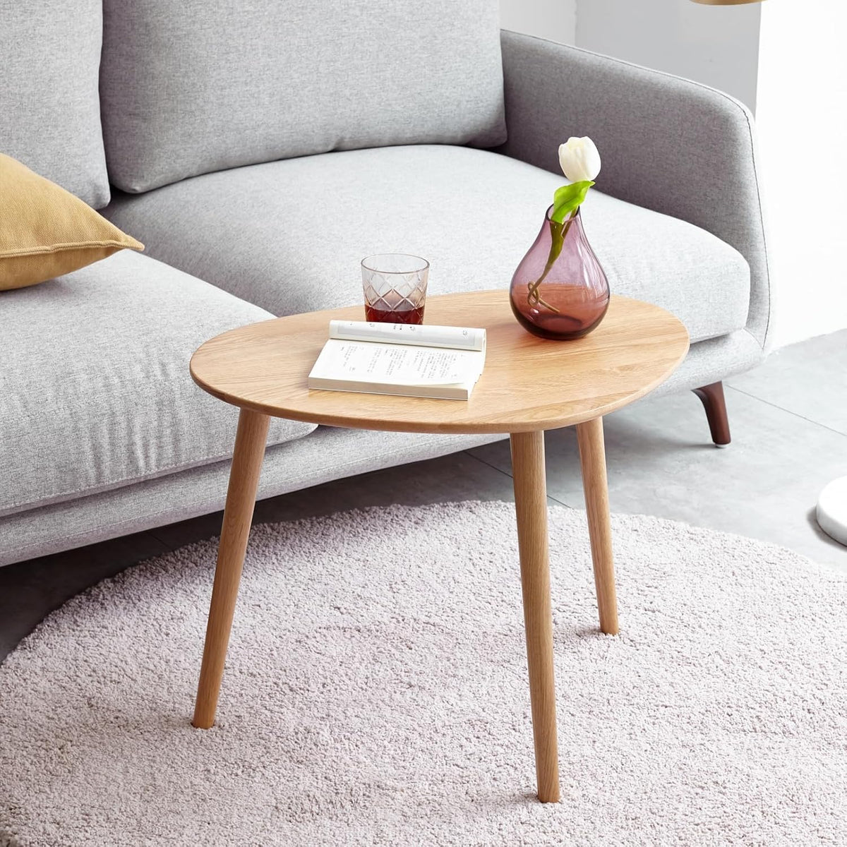 Small Oval Coffee Table, 19.7" Mid Century Modern End Table for Living Room, 100% Solid Oak Wood Center Table, Side Table (Original Wood Color, 19.68" Wx13.38 Dx17.71 H)