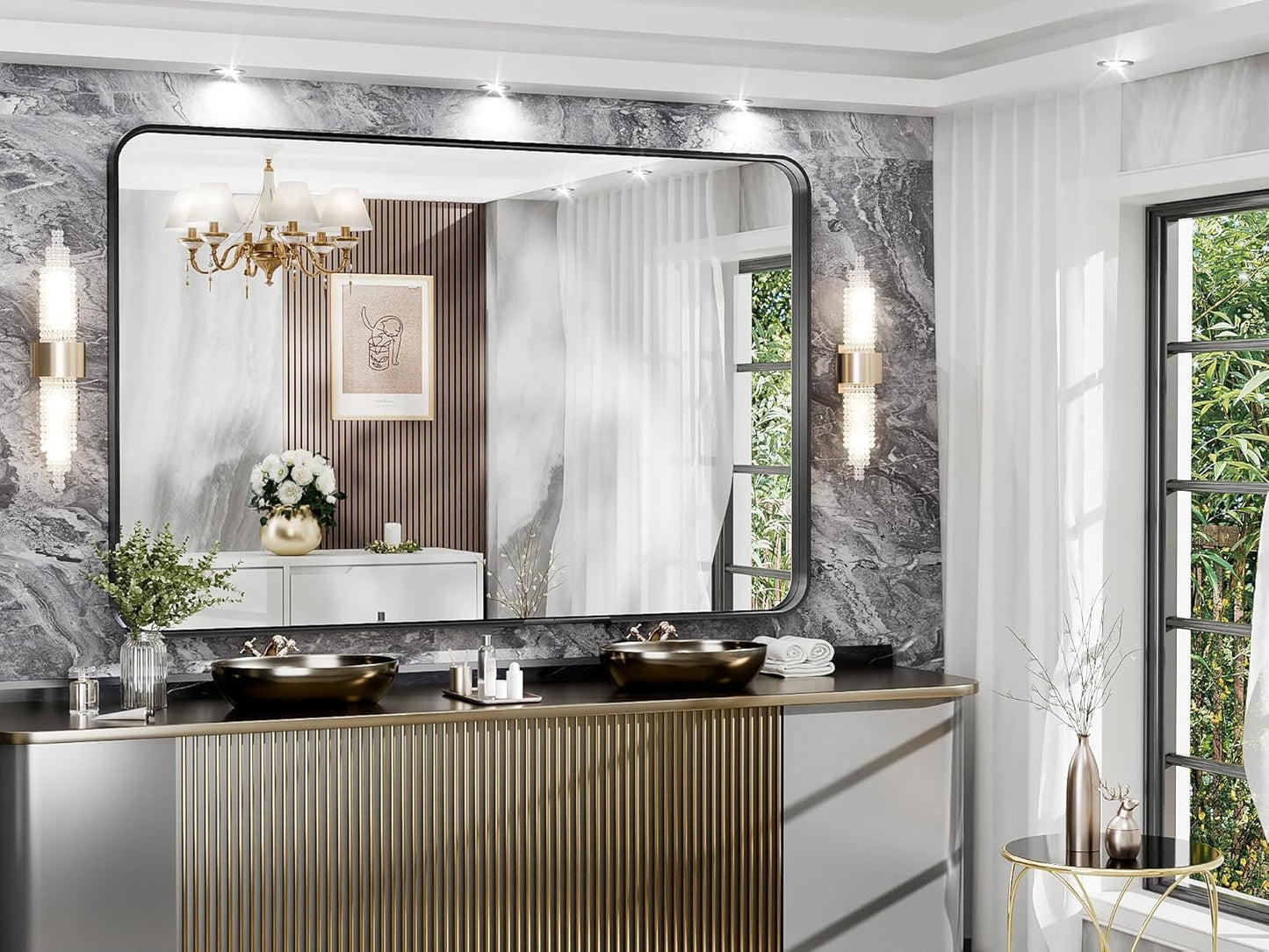 Hasipu Black Bathroom Mirror 59x39 Inch Rounded Rectangle Vanity Mirror Metal Framed Wall Mirrors Anti-Rust Surface Mount (Horizontal/Vertical)