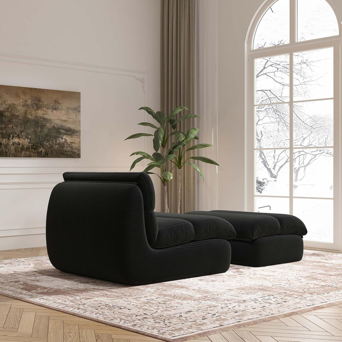 Bean Bag Chair with Ottoman, Cozy Comfy Reading Nook Chairs, Ultra Soft Corduroy Fabric Bean Bag Chairs for Adults, Reading Chair with Ottoman for Living Room, Bedroom Apartment (Black)