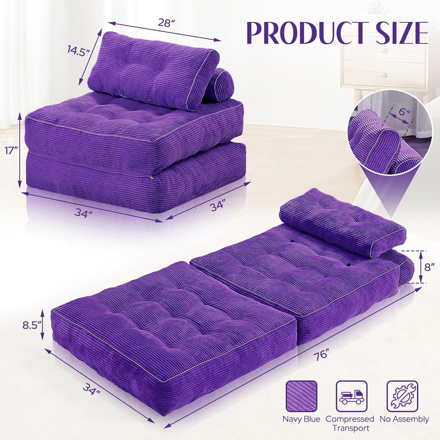 HABUTWAY Folding Sofa Bed, Convertible Sleeper Chair Bed w/Dual-Pillow & Handle, Foldable Floor Sofa Lounge w/Back Support for Living Room, Bedroom, Apartment, Office, Purple