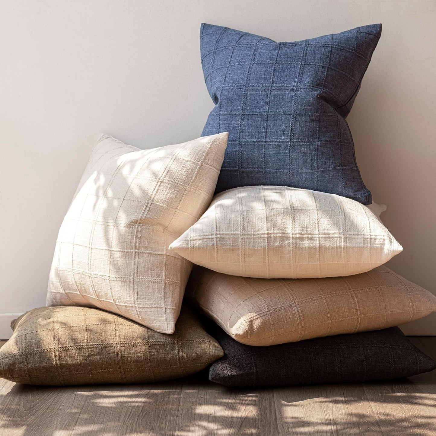 Foindtower Set of 2 Decorative Linen Check Throw Pillow Covers Neutral Farmhouse Vintage Cushion Covers Modern Boho Home Decor for Sofa Chair Couch Bedroom Living Room Outdoor,26×26 Inch,Charcoal