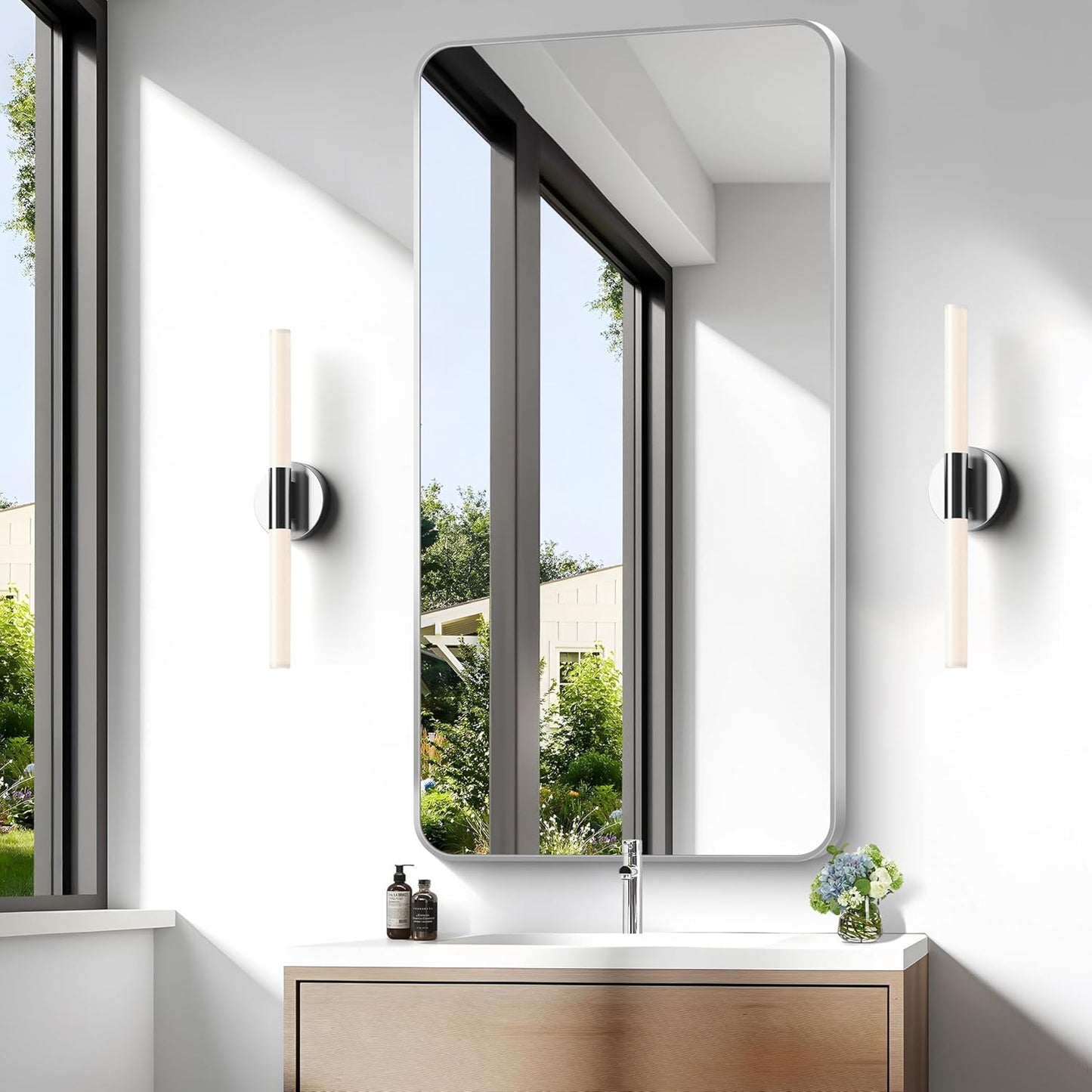 BONEWEI Silver Bathroom Mirror,24x48 inch Wall Mirror for Bathroom Wall Mounted,Rectangle Mirror for Bathroom Over Sink,Modern Frame Round Corner for Living Room,Bedroom Entryway,Horizontal/Vertical