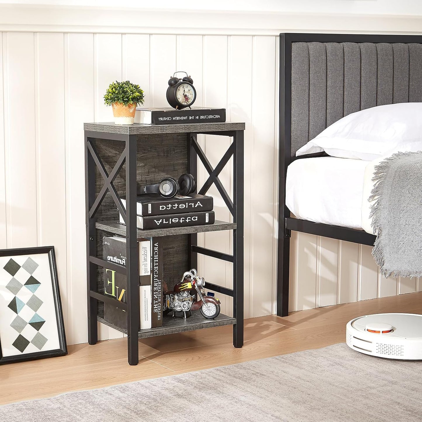 Small Bookcase,3 Tier Industrial Bookshelf with Metal Frame and Backboard,Low Grey Book Shelf,Book case for Small Spaces,Living Room,Bedroom and Home Office