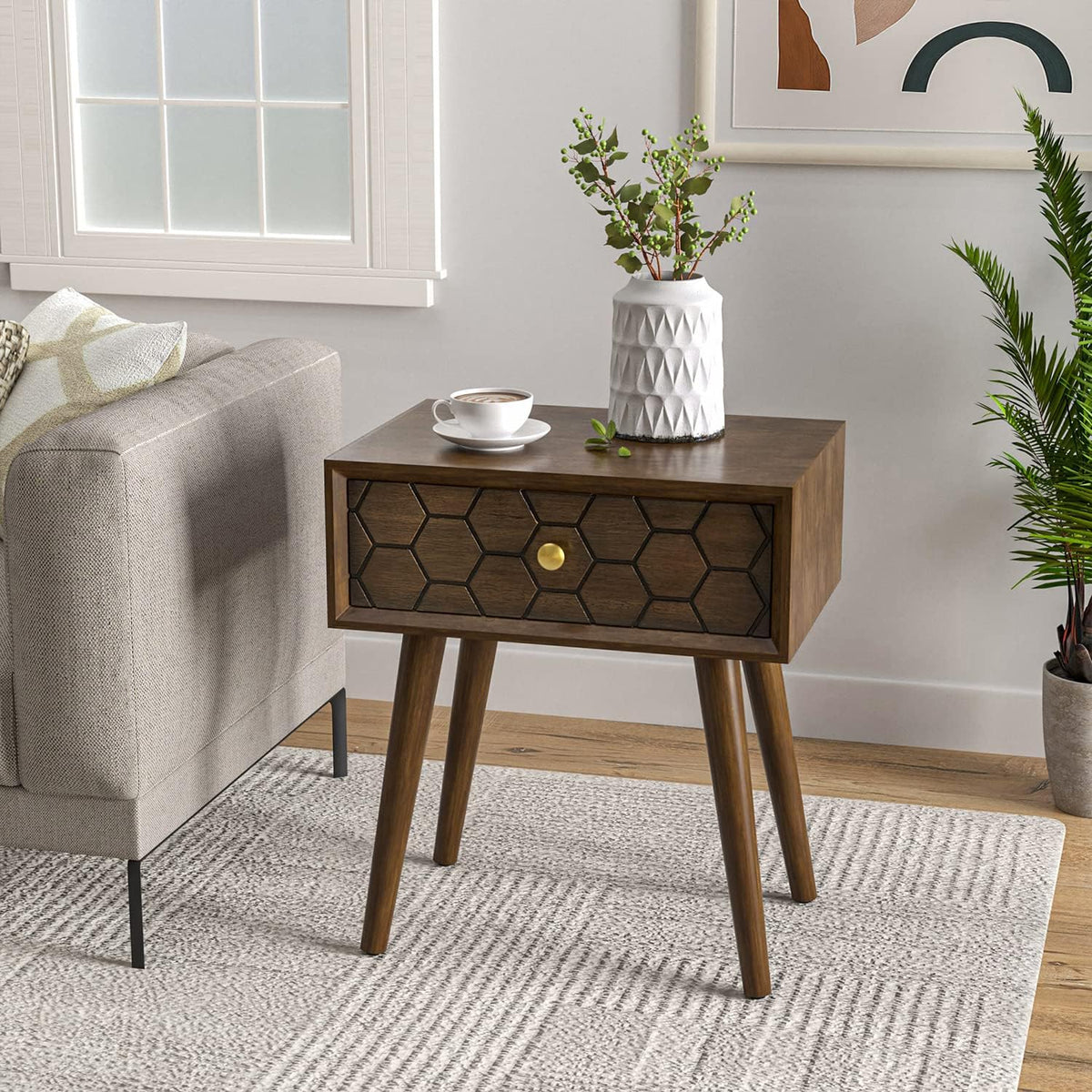 COSIEST Mid-Century Nightstand, Modern MDF Bedside Table, Wood Accent End Table with One Storage Drawer for Bedroom Living Room, Brown