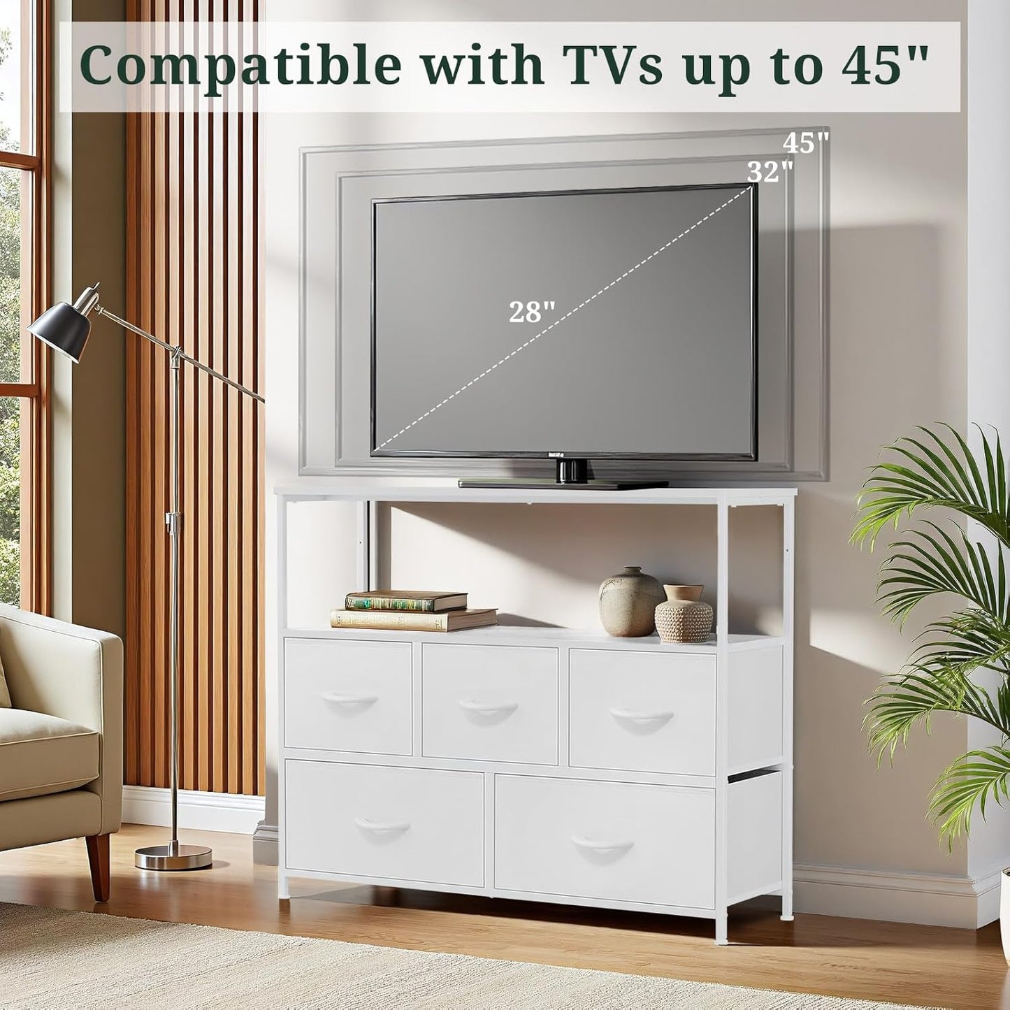 TV Stand, 5 Fabric Drawers Dresser Entertainment Center for TV up to 45 inch Wooden Media Console Table Storage Organizer with Open Shelf, for Living Room, Bedroom, or Small Space, White