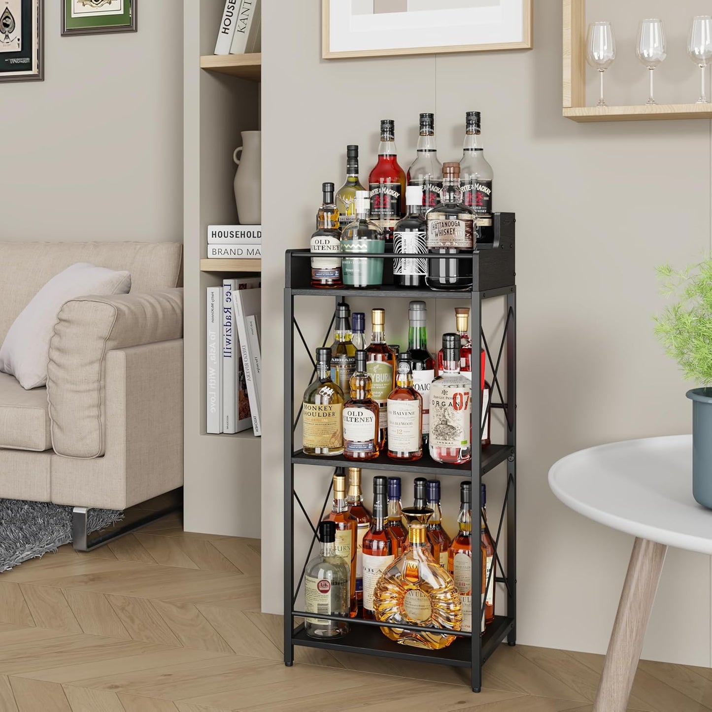 KLM Liquor Bottle Display Shelf, Liquor Cabinet bar for Home, 4 Step Liquor cabinetck, Mini bar,Liquor Cabinet, Home Retro Bar Shelf Stand for Liquor Whiskey, Spirits（Black）