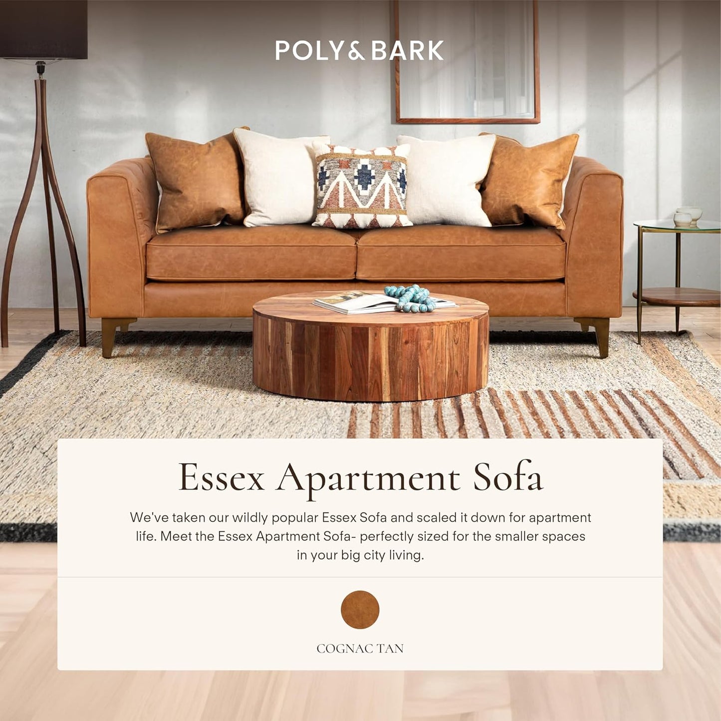 POLY & BARK 74” Essex Apartment Leather Couch - Apartment Sofa with Tufted Back - Full-Grain Leather Sofa for Living Room with Feather-Down Topper - Vintage Italian Leather in Cognac Tan