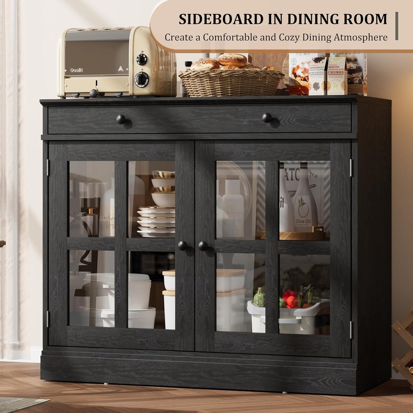 GarveeHome 35.4" Sideboard Buffet Cabinets with Glass Door, Buffet Cabinet with Storage, Black Sideboard Cabinet with Drawer, Modern Buffets & Sideboards for Dining Room, Kitchen