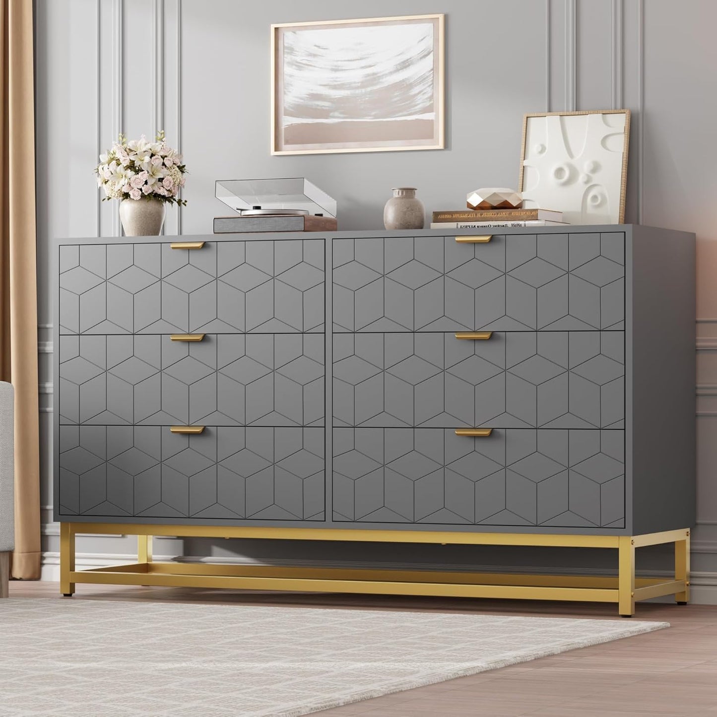 Dresser for Bedroom, 53.5" Large Dresser Organizer, 6 Drawer with Golden Metal Handle and Legs, Modern Chest of Drawers, Grey Dressers with Drawers for Closet, Hallway, Living Room, Entryway