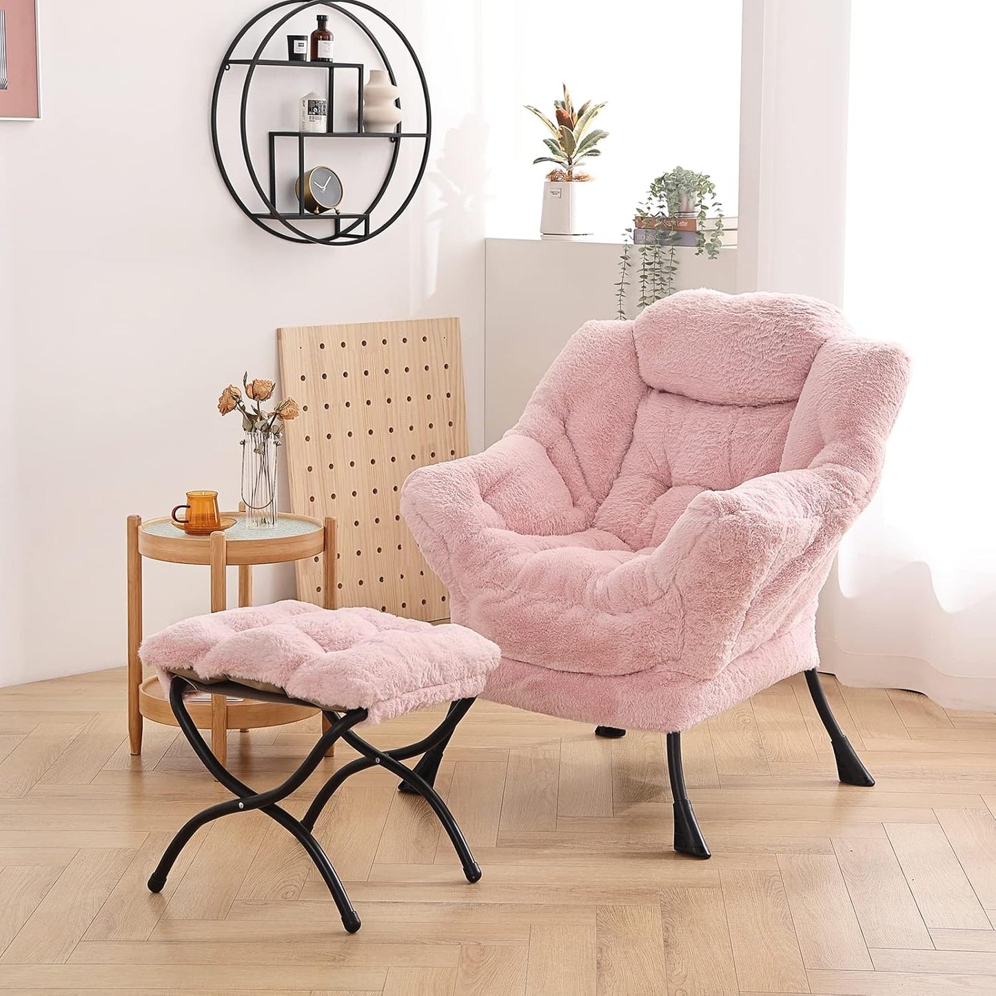 LITA Lazy Chair with Ottoman, Modern Accent Leisure Upholstered Sofa, Contemporary Lounge Reading Chair with Armrests and a Side Pocket for Living Room, Bedroom & Small Spaces, Plush Pink