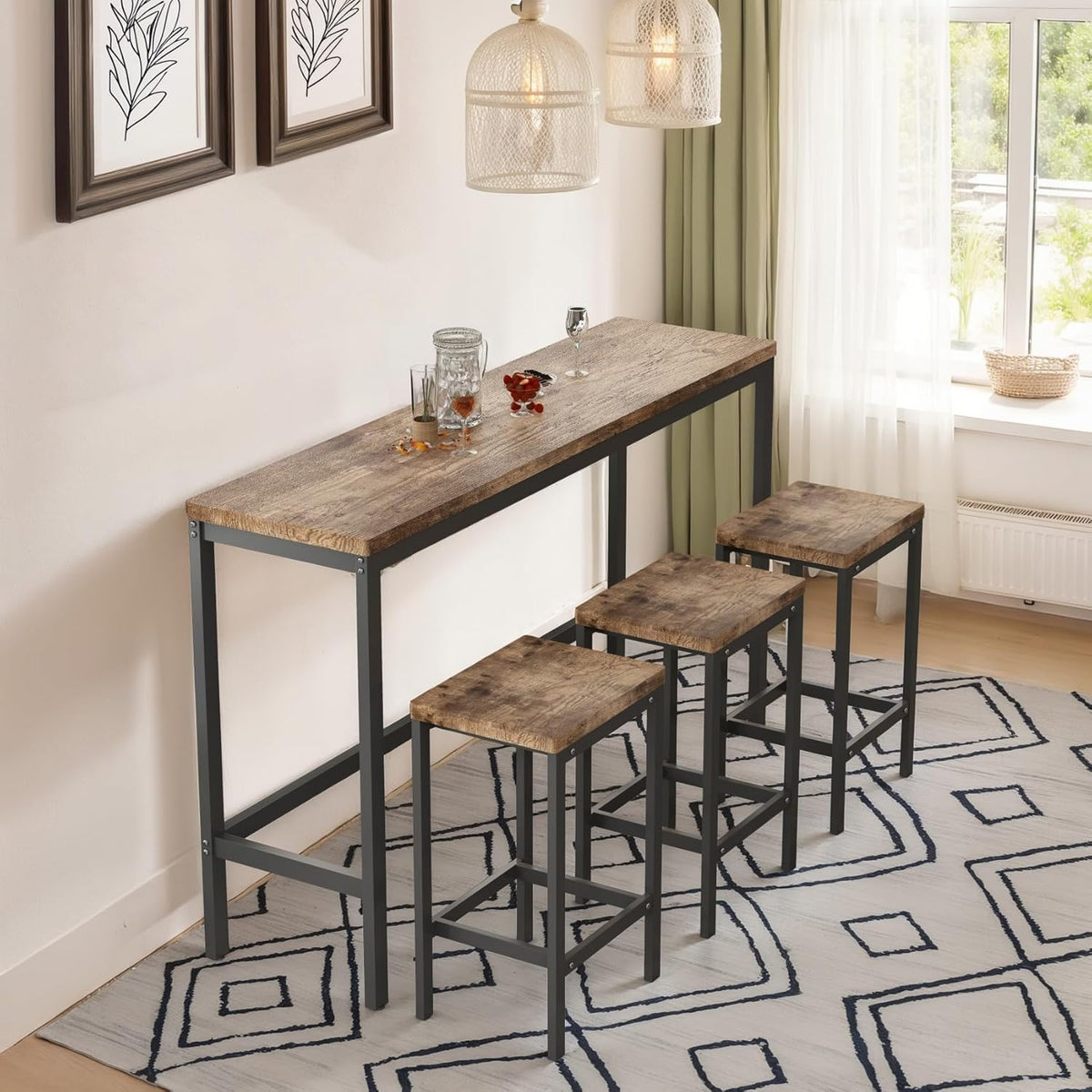 KEIKI 60.24” Long Bar High Top Dining Table and 3 Stools Chairs Set, Wood Behind Couch Sofa Counter Height Pub Furniture for Breakfast, Kitchen Living Party Room, Natural