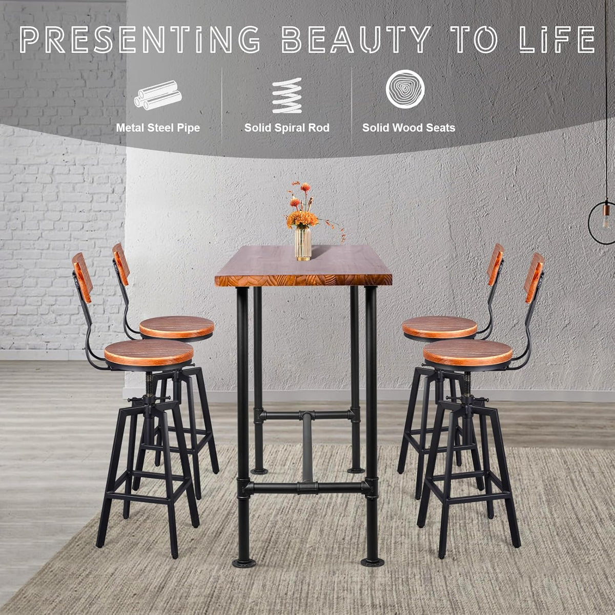 5 Pieces Industrial Dining Table Set Rustic Rectangular High Pub Table with Chairs Farmhouse Meeting Computer Desk and Stools for Office