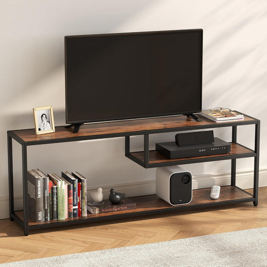 TECHMILLY Modern TV Stand for 65" TV, TV Table with Storage Shelves, Entertainment Center with Metal Frame, TV Console Table for Living Room, Bedroom, Rustic Brown