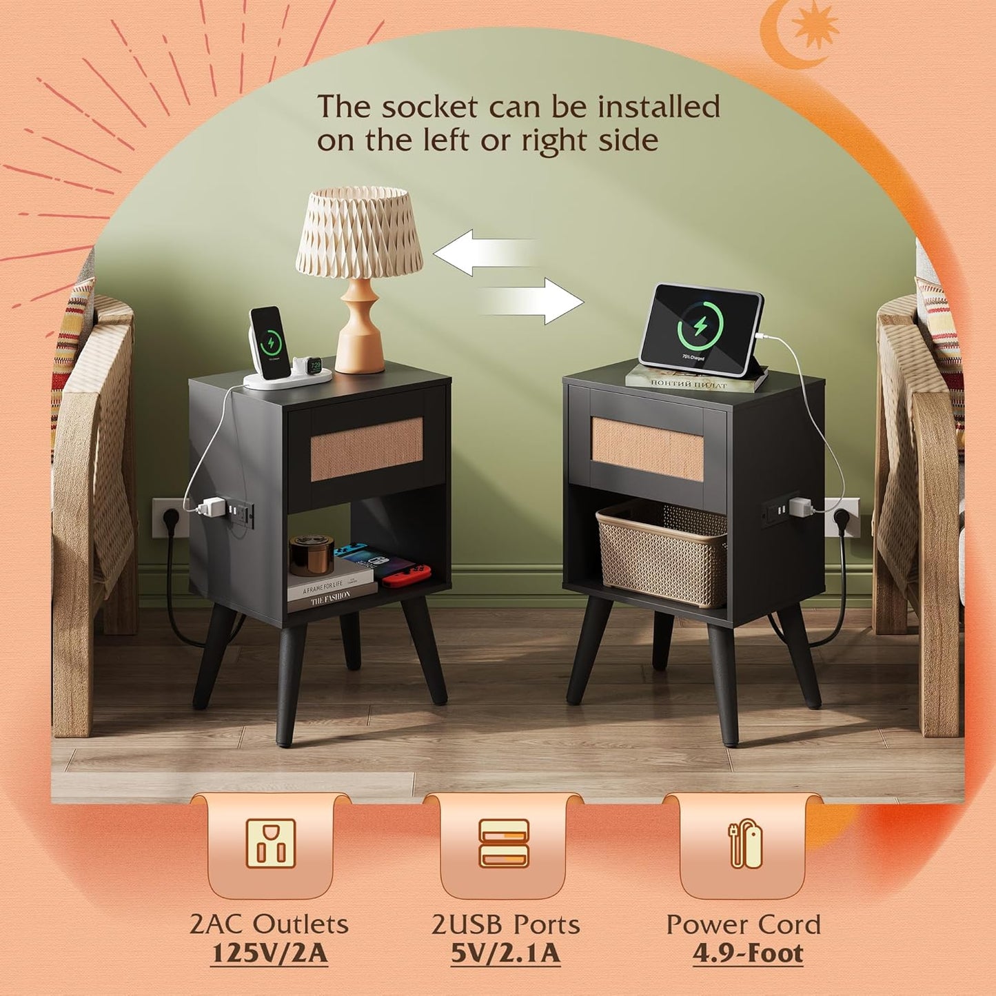 WLIVE Rattan Nightstands Set of 2 with Charging Station, Boho Nightstand, Wood Side Table, Small End Table with Drawers for Bedroom, Black