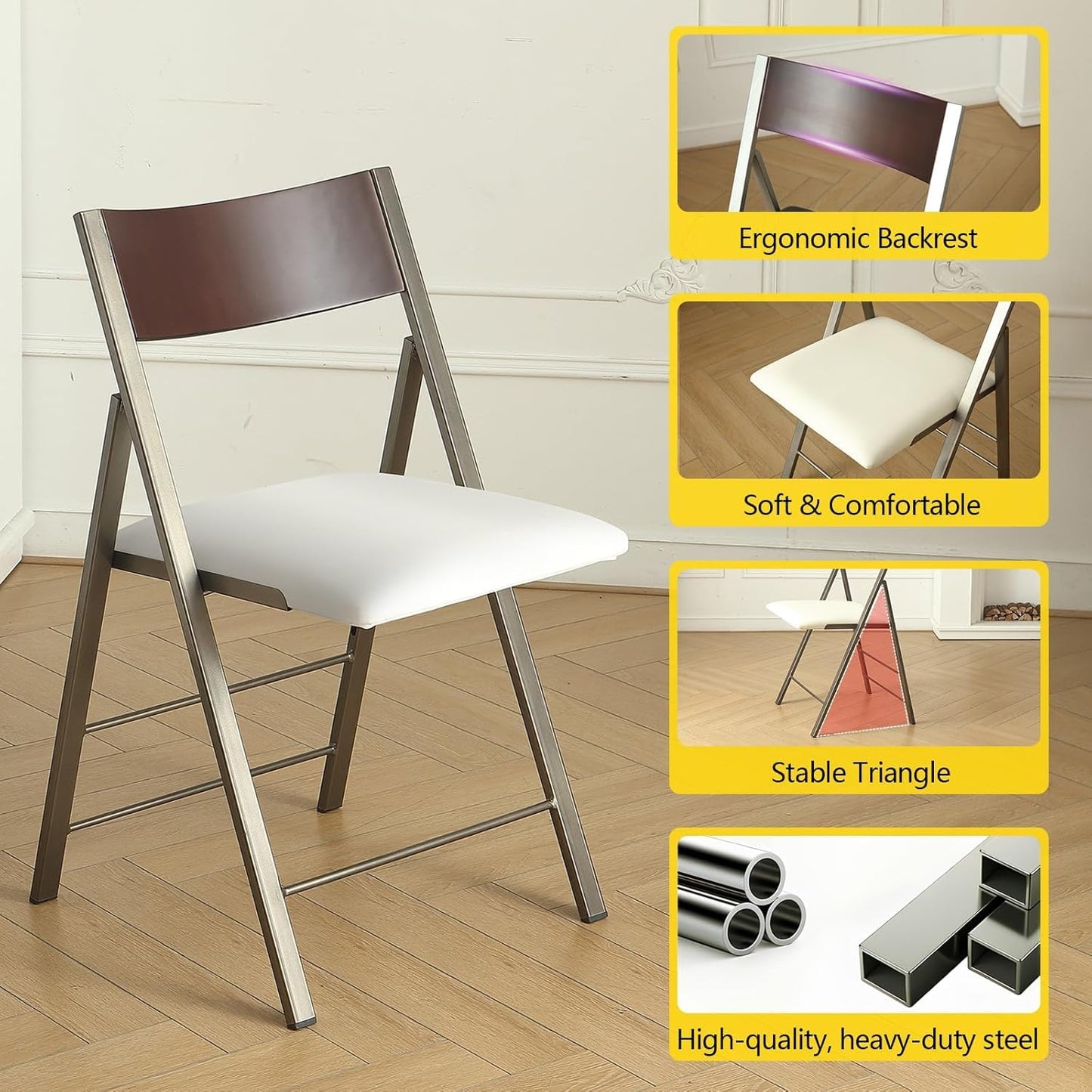 Folding table and chair set, dining table with extra large storage space and 4 universal wheels, matched with padded steel frame folding chairs, space-saving dining table and 4 chairs (White)
