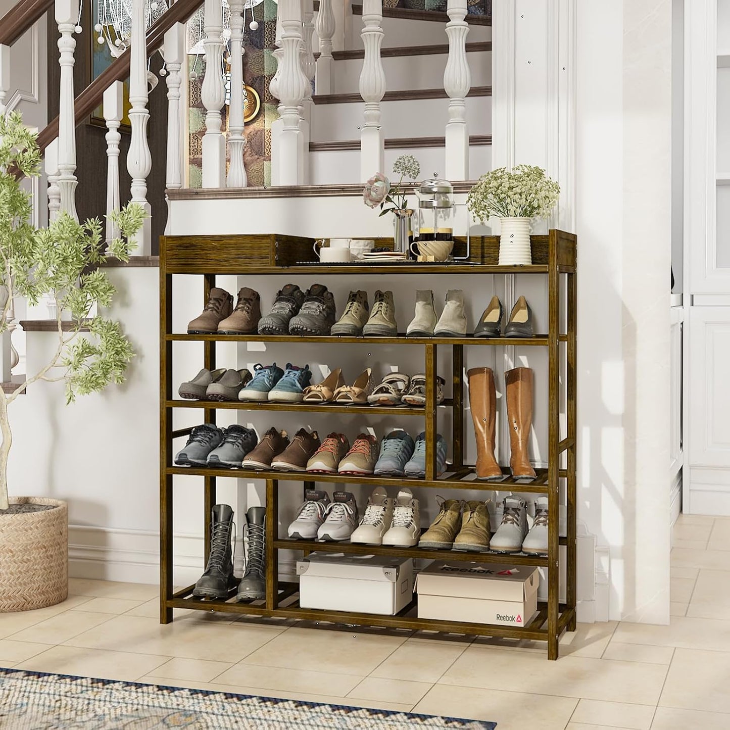Bamworld Shoe Rack for Front Door Entrance Bamboo Shoe Organizer with Storage Box Free Standing Shoe Cabinet Wooden Shoe Storage Shelf for entryway, Closet and Doorway (Dark Brown)
