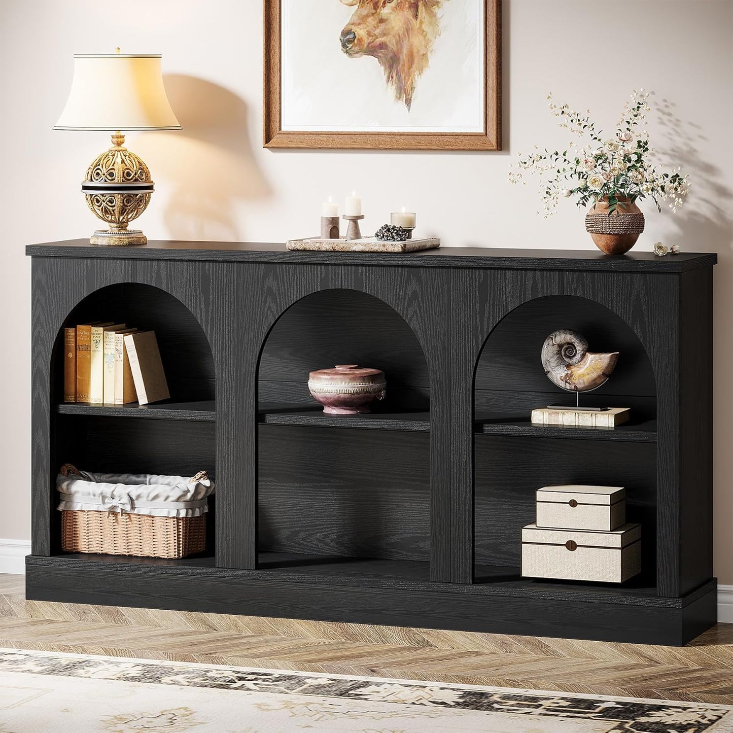 Tribesigns Farmhouse Console Table, 63-Inch Long Entryway Table with 3 Tier Storage, Wooden Rectangular Sofa Table Behind The Couch for Entrance, Hallway, Living Room, Black