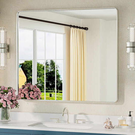 TETOTE 42 x 36 Inch Brushed Nickel Mirror Metal Framed Bathroom Mirror, Tempered Glass, Modern Farmhouse Wall Mounted Mirror for Decorative(Horizontal/Vertical)