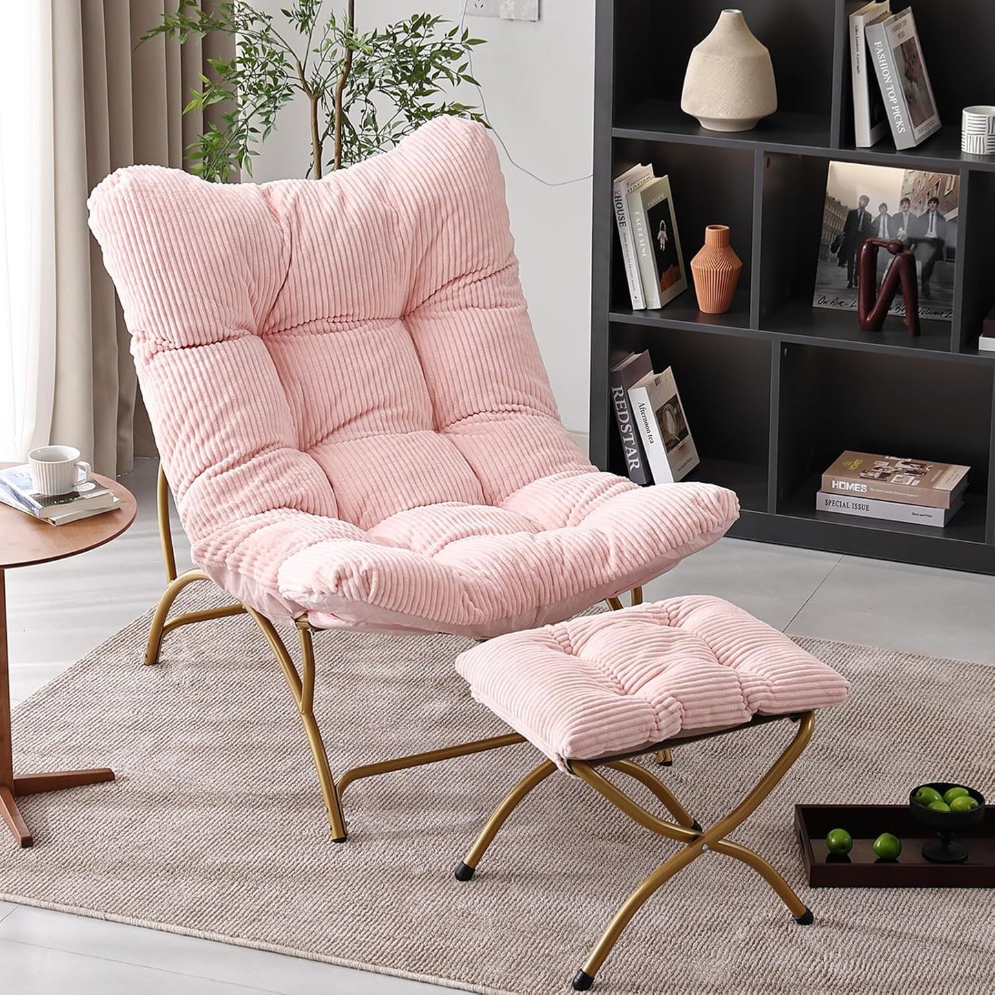 Welnow Accent Chair with Ottoman, Lounge Comfy Soft Leisure Metal Frame Reading Chair with Footrest, Upholstered Thick Cushion Seated Recliner Sofa for Living Room, Bedroom, Dorm, Pink