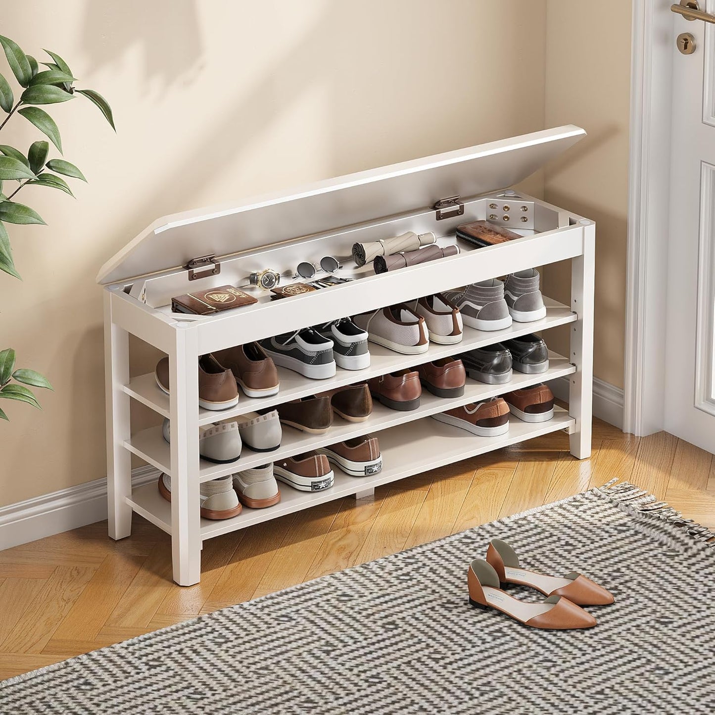 Shoe Rack Bench Seat Rubberwood 3-Tier Wooden Storage Bench 550lbs Compact Mid-Century Modern Design for Entryway, Hallway, Closet, Front Door Entrance, Foyer