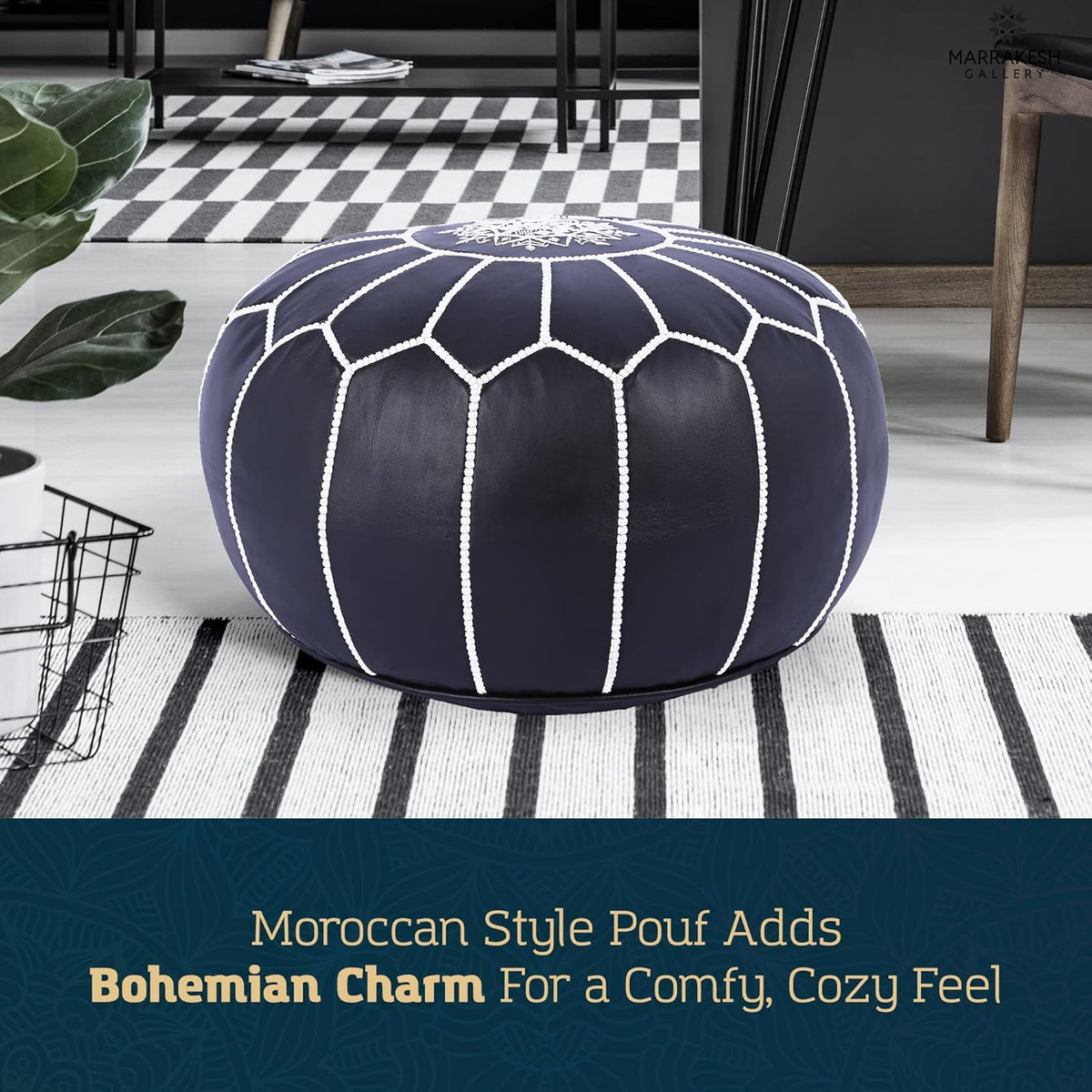 Marrakesh Gallery Genuine Leather Round Pouf Unstuffed - Moroccan Ottoman Footstool, Footrest Cover - Boho Decor - Bohemian Living Room, Bedroom, Kids Room, Gift & Wedding