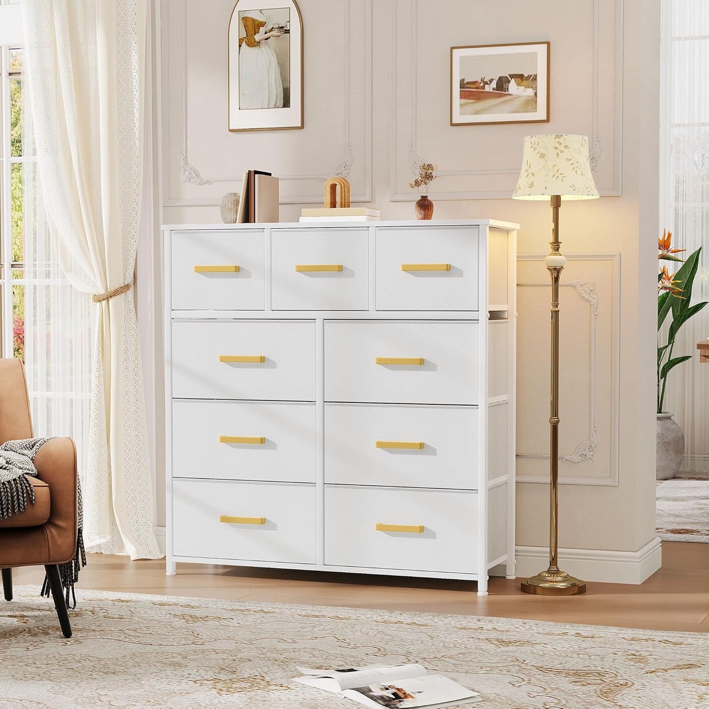 DWVO Dresser with 9 Drawers - Fabric Storage Tower, Organizer Unit for Living Room, Hallway - Sturdy Steel Frame, Wooden Top & Easy Pull Fabric Bins