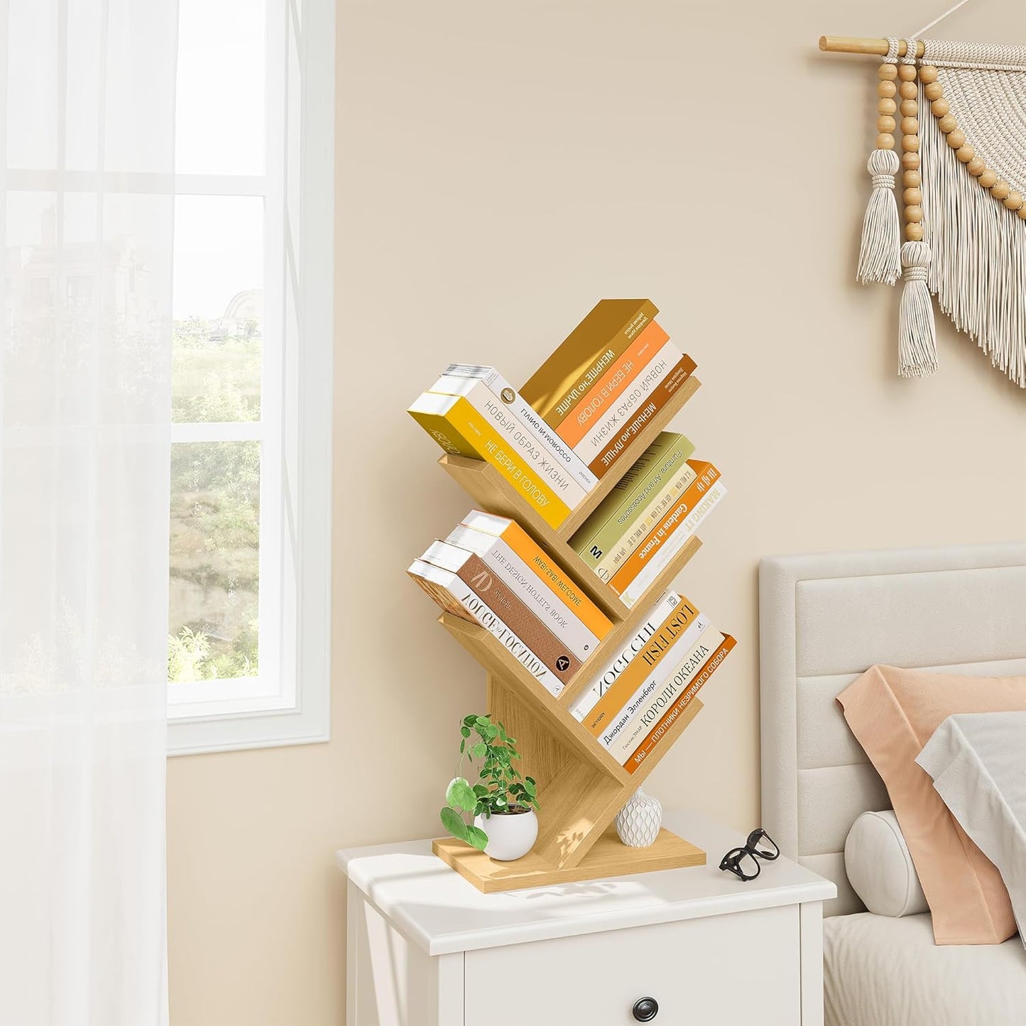 Hoctieon 4 Tier Tree Bookshelf, 4 Shelf Bookcase, Free Standing Tree Bookcase, Display Floor Standing Shelf for Books, Book Organizer Shelves for Home Office, Living Room, Bedroom, Yellow